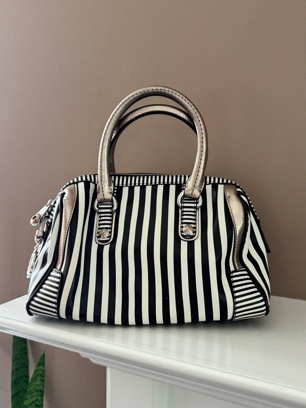 Henri Bendel Brown & White Signature Stripe Handbag Satchel Bag Silver Hardware